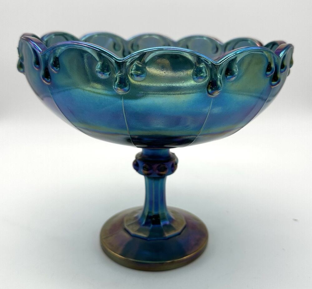 Vtg Indiana Glass Garland Teardrop Blue Carnival Iridescent Glass Compote Bowl